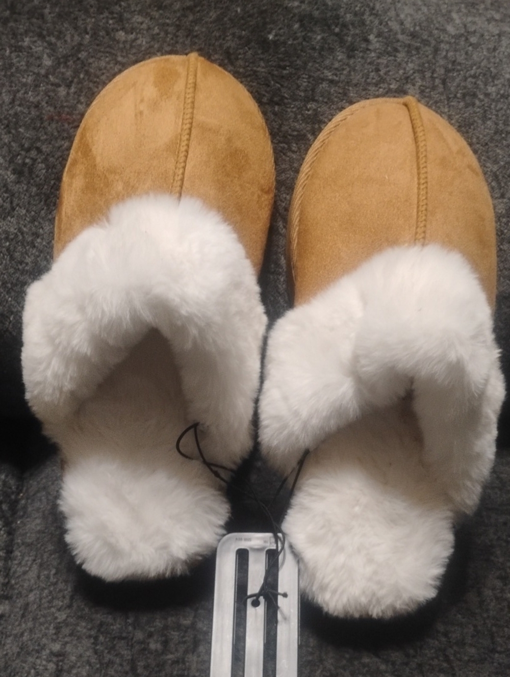 wonder nation Tan Faux-Suede Cozy Slip‑On Slippers with White Plush Trim